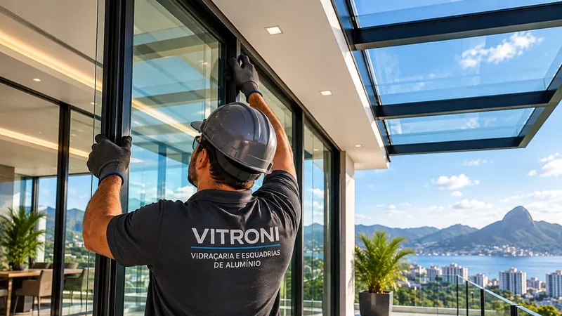 Instalador da Vitroni montando esquadria com cobertura de vidro ao fundo