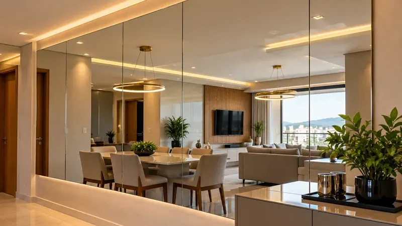 Parede de espelho em sala de jantar com iluminação embutida