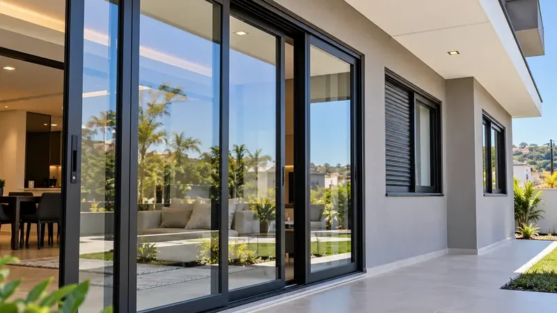 Portas de correr de alumínio preto integrando sala e área externa