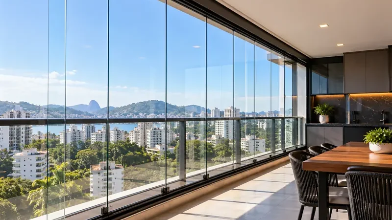 Varanda fechada com cortina de vidro e vista para a cidade