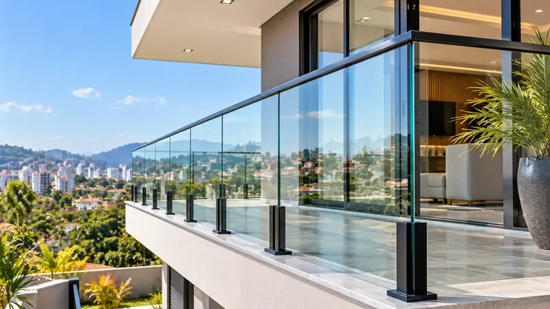 Guarda-corpo de vidro com torres de alumínio em varanda com vista