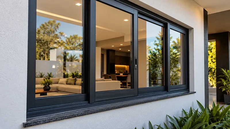 Janela de correr de alumínio preto com vidro em fachada residencial