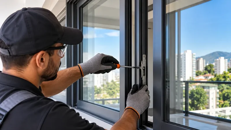 Técnico apertando parafuso de fecho em janela de alumínio