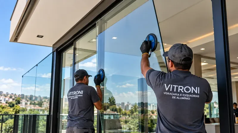 Instaladores da Vitroni posicionando painel de vidro com ventosas em varanda