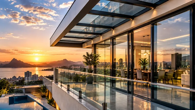 Varanda com portas de vidro, cobertura de vidro e vista para a Baía de Guanabara