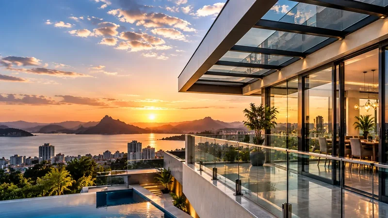 Varanda com portas de vidro, cobertura de vidro e vista para a Baía de Guanabara