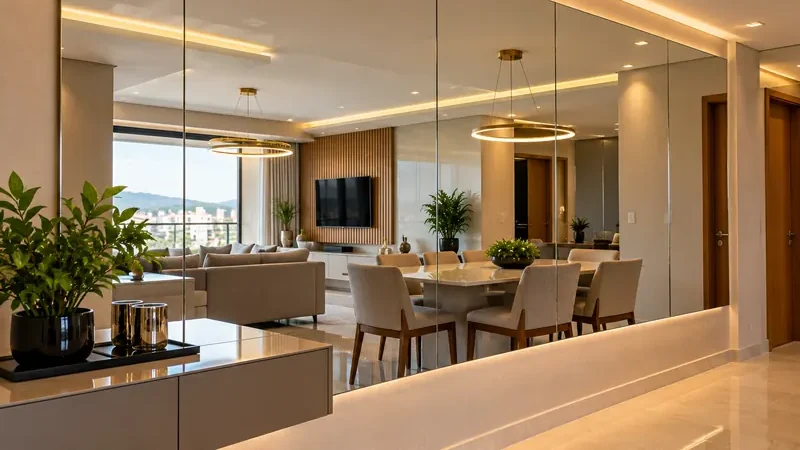 Parede de espelho em sala de jantar com iluminação embutida