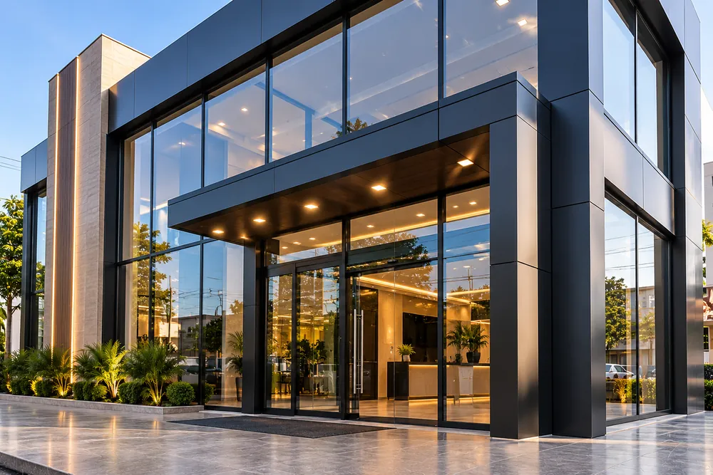 Fachada comercial de alumínio e vidro com porta de entrada e marquise iluminada