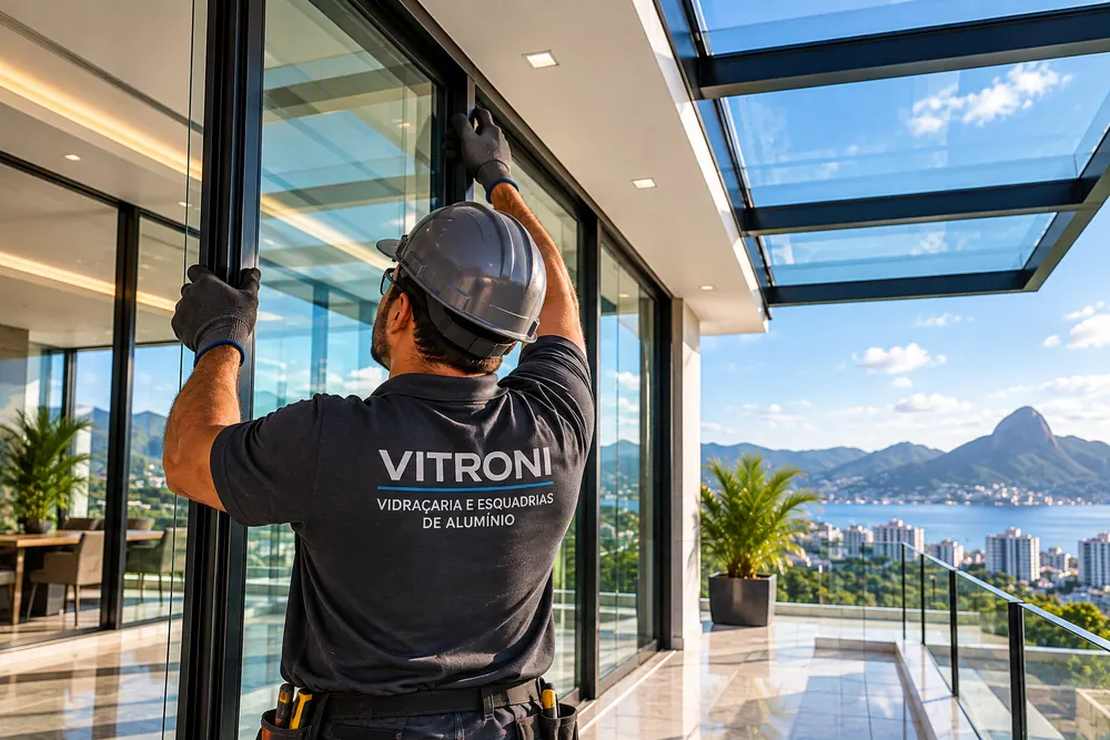 Instalador da Vitroni ajustando esquadria de vidro
